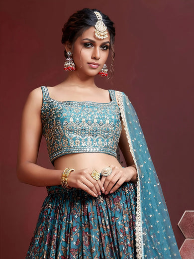 Wondrous Blue Embroidery Chinon Silk Party Wear Lehenga Choli